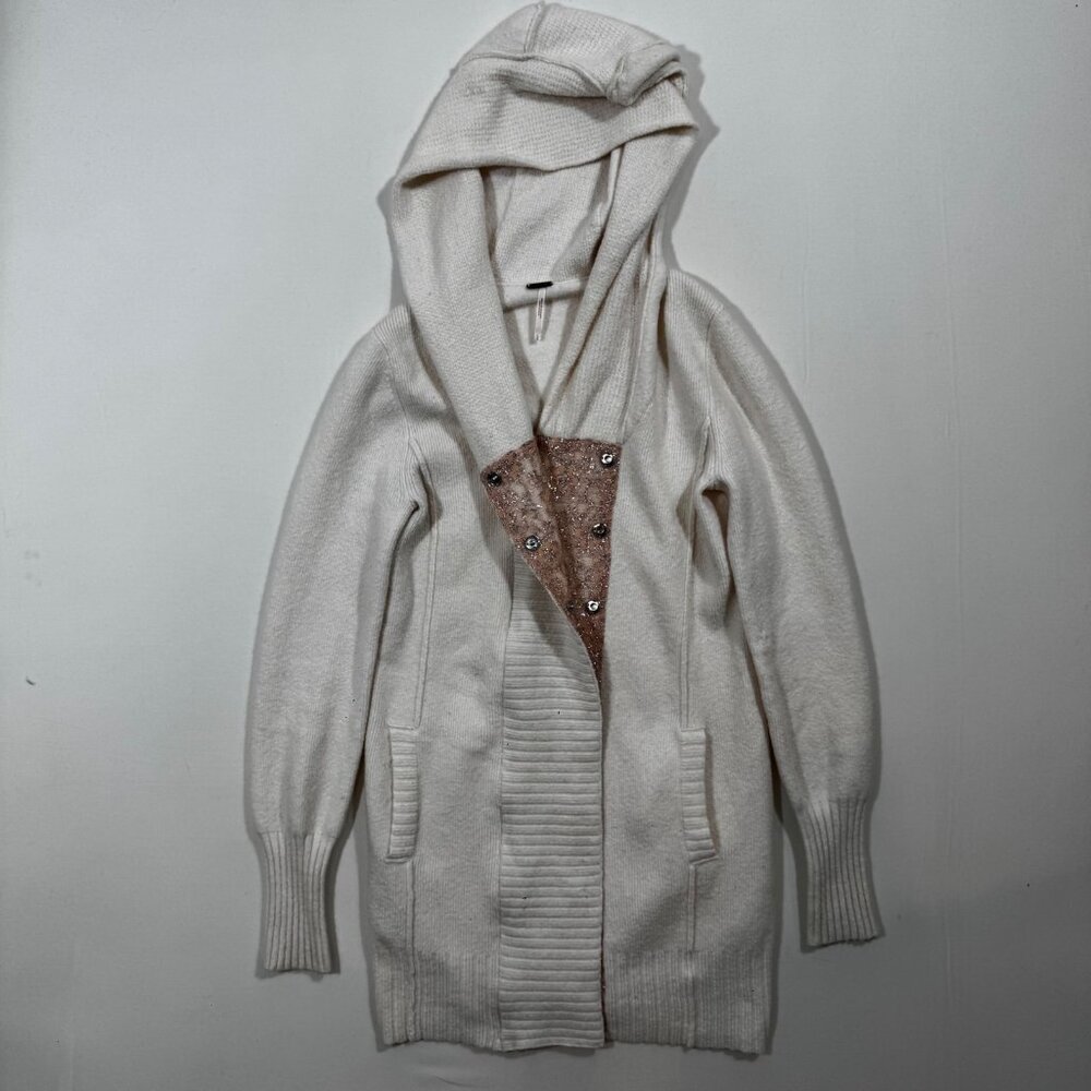 Free People Hooded Cardigan Knit Ivory Lace Mixed Media L Cottagecore Boho Cozy - Picture 2 of 11